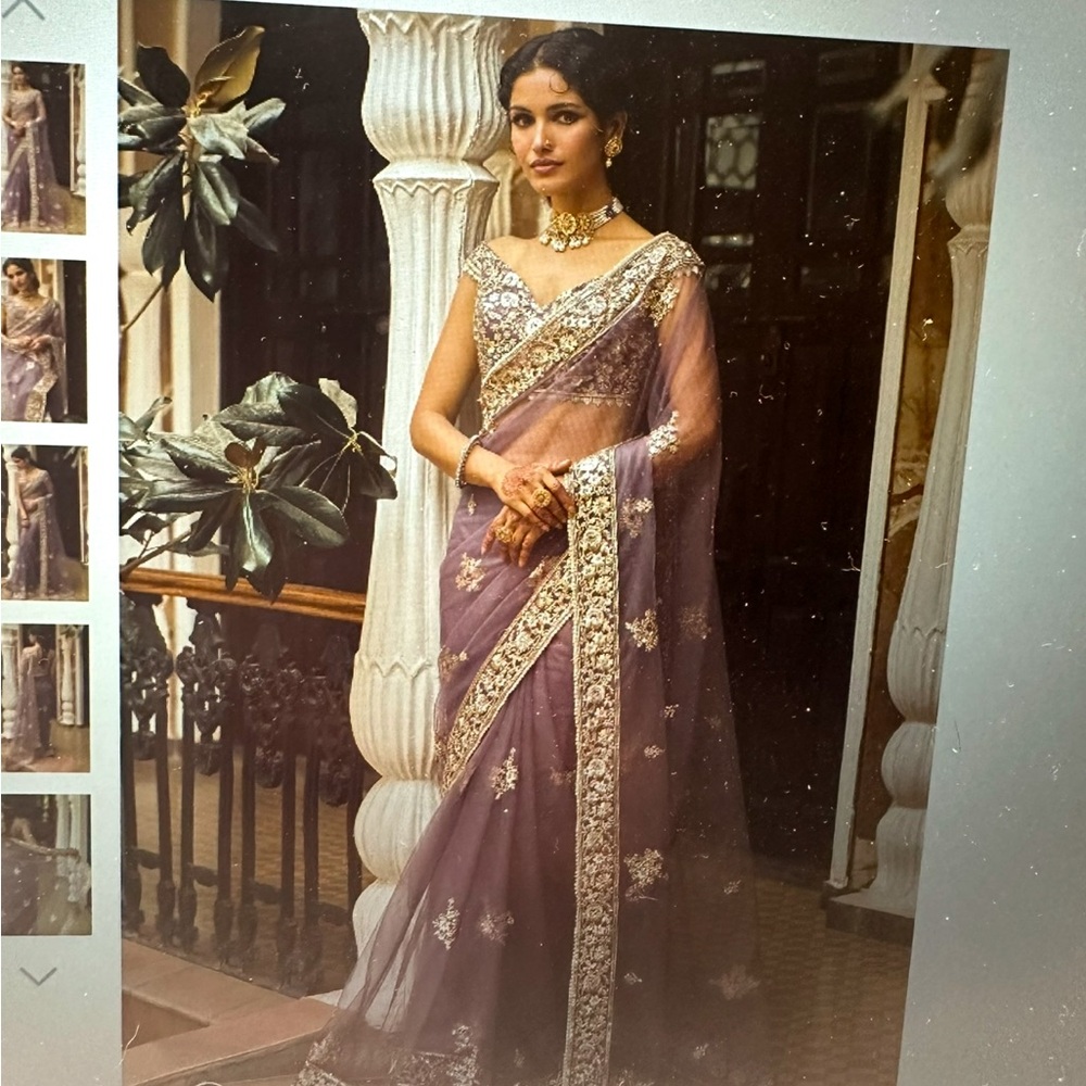 Purple and gold pre-draped Saree with matching blouse